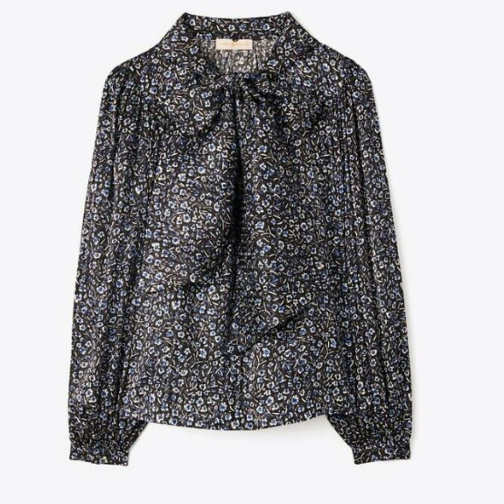 NWT Tory Burch | The Bow Blouse - Teapot print / black/purple floral (Size 6)